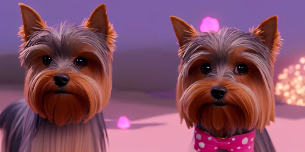 Prompt: a wholesome animation key shot of a brown and ashy 1 3 - year - old yorkshire terrier with a pink faded collar with five glass stars, studio ghibli, pixar and disney animation, sharp, rendered in unreal engine 5, anime key art by greg rutkowski, bloom, dramatic lighting