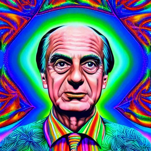 Prompt: alex grey style detailed photorealism portrait painting of carl sagan wearing a hawaiian shirt, background showing an oasis in the desert. colourful psychedelic dripping motif with bright transcendental fractal mandala bordering.