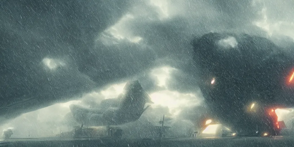 Image similar to screenshot from a renaissance airship cyberpunk cinematic masterpiece, flying buildings shattering in gale force winds, debris, hurricane tornado mist hail debris flying lightning, fps, cinematography, photo, photography, 4 k, by greg rutkowski, roger deakins