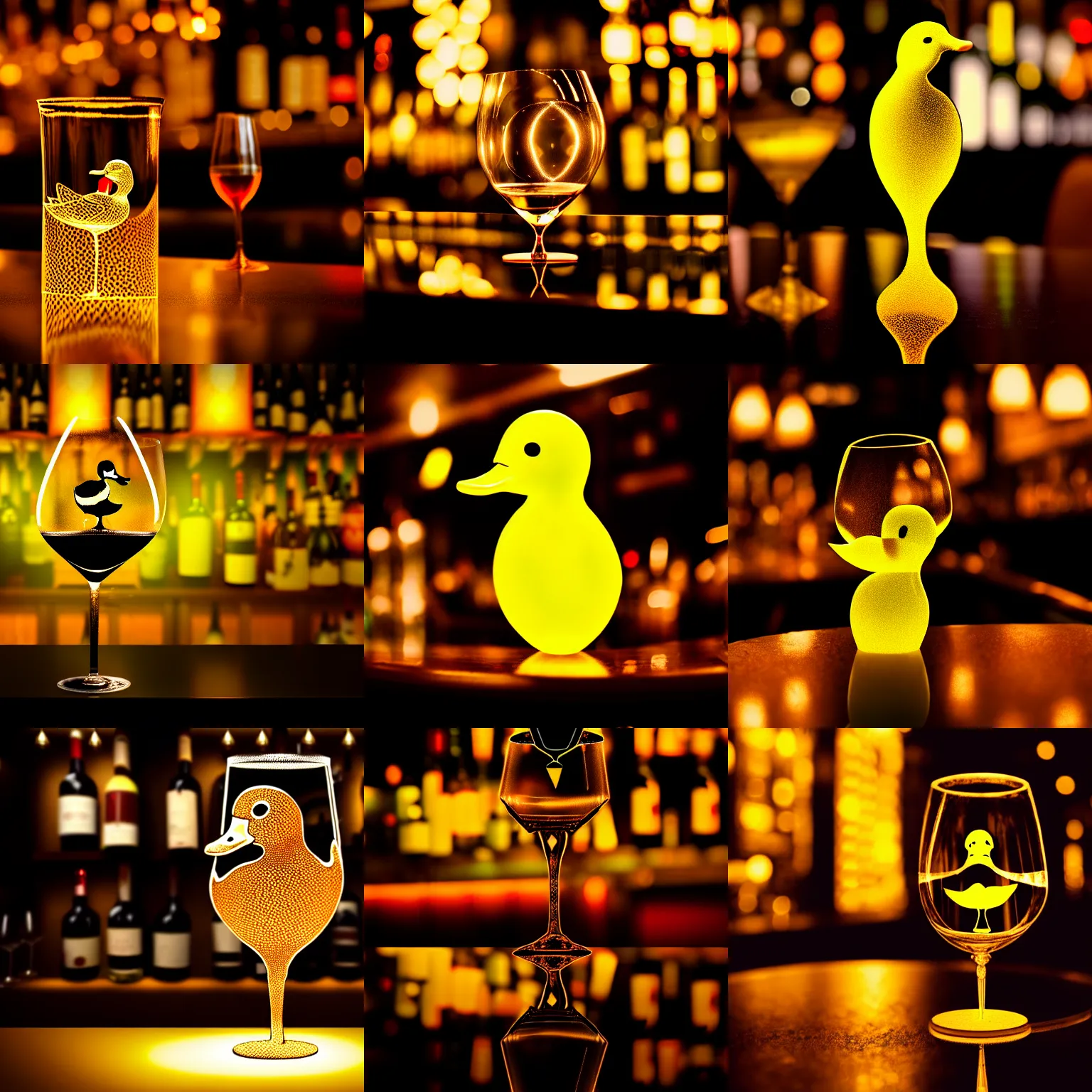 Prompt: a photo of a [ transparent duck made of empty wine glass ] in a busy bar [ dimmed duck made of transparent glass ], intricate, epic lighting, cinematic composition, hyper realistic, artstation