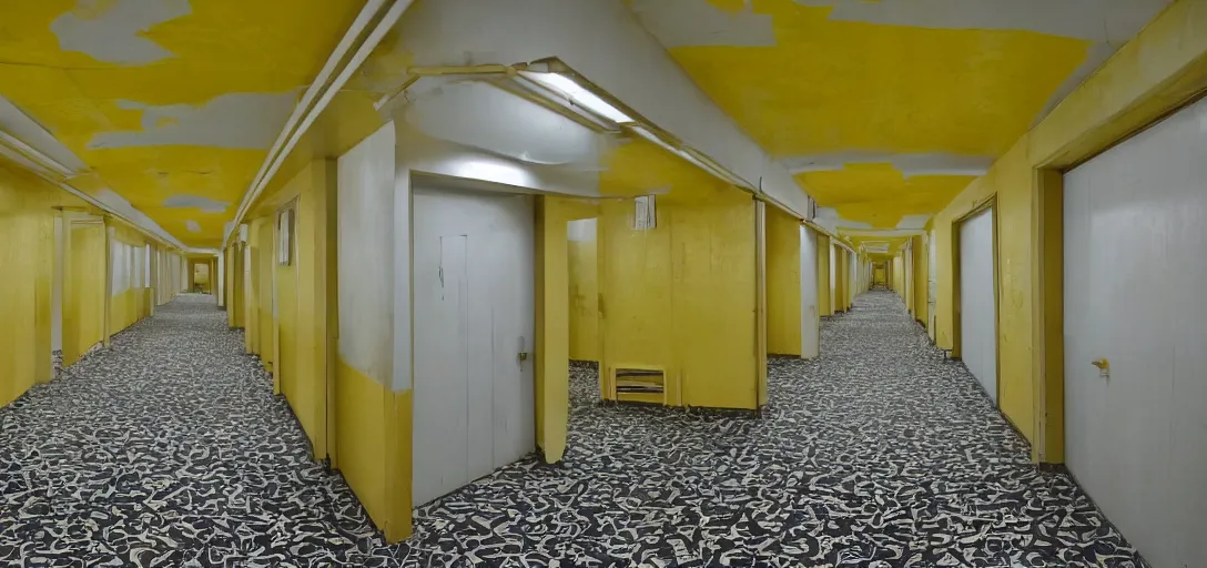 Prompt: a dream like picture of an endless complex of hallways with yellowed wallpaper, yellow moist carpet, and fluorescent lights in the ceiling,