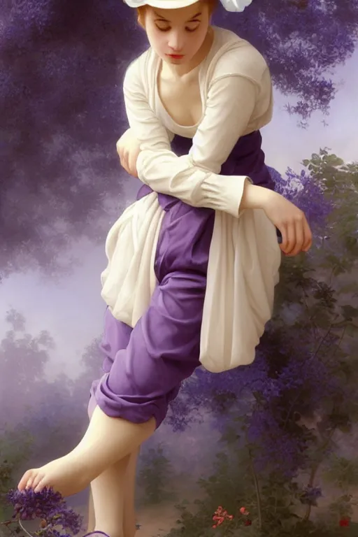 Image similar to Full View girl with short blond hair wearing an oversized purple Beret, Baggy Purple overall shorts, Short Puffy pants made of silk, silk shoes, a big billowy scarf, Golden Ribbon, and white leggings Covered in stars. Short Hair. masterpiece 4k digital illustration by Ruan Jia and Mandy Jurgens and Artgerm and william-adolphe bouguereau, award winning, Artstation, art nouveau aesthetic, Alphonse Mucha background, intricate details, realistic, panoramic view, Hyperdetailed, 8k resolution, intricate art nouveau