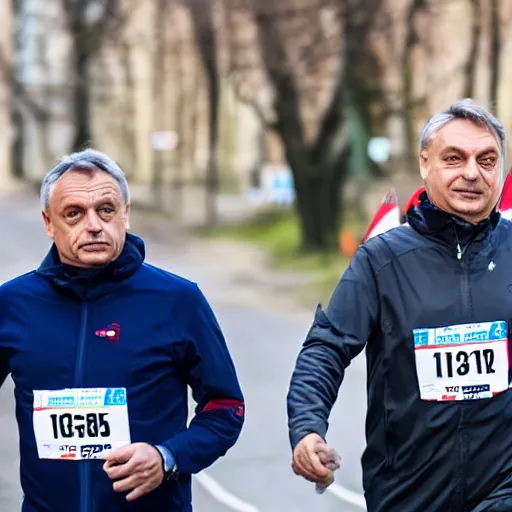 Image similar to Viktor Orban and Ferenc Gyurcsany running a marathon together, 8k, award winning photography, high quality