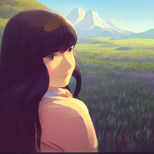 Image similar to portrait of teen girl with long black hair and bangs, detailed facial features, beautiful face, flower fields and mountains in the background, digital painting, artstation, highly detailed, by makoto shinkai and thomas kindle and James gilleard