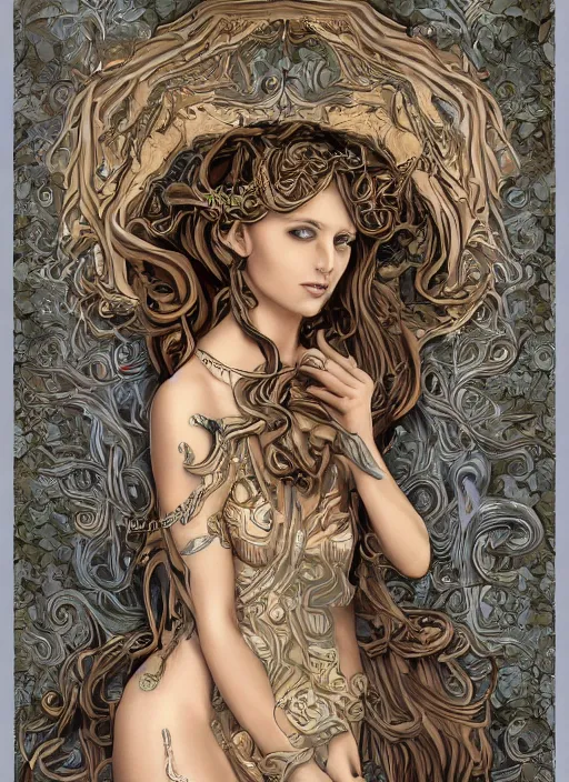 Image similar to professionally-made ultradetailed ornate award winning masterpiece RPG character portrait of beautiful symmetrical Medusa radiating glowing aura, fully clothed with an art nouveau flowery dress, digital airbrush painting, 3d rim light, hyperrealistic, artstation, cgsociety, kodakchrome, golden ratio, 1985