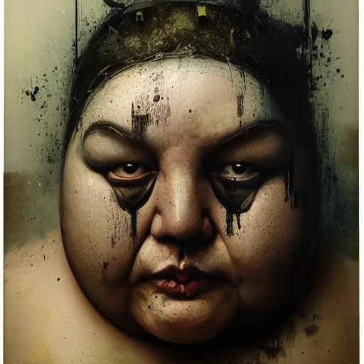 Image similar to portrait of the face of big fat old sumoringer as despair from sandman, venus of willendorf, by jeremy mann, by gregory crewdson, by bastien lecouffe deharme, by russ mills, sad face, topknot, black hair, mourning, black eyes, white room, soft lightning, high detailed, 8 k