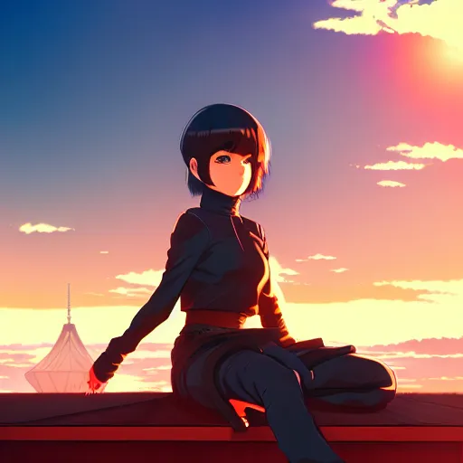 Prompt: digital anime art in the style of netflix arcane, cute female ninja sitting on an old japanese roof at golden hour, wlop, ilya kuvshinov, backlit