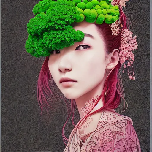 Image similar to the portrait of an unbelievably beautiful, elegant and cute japanese girl partially made of broccoli, an ultrafine detailed illustration by james jean, intricate linework, bright colors, final fantasy, behance contest winner, vanitas, angular, altermodern, unreal engine 5 highly rendered, global illumination, radiant light, detailed and intricate environment