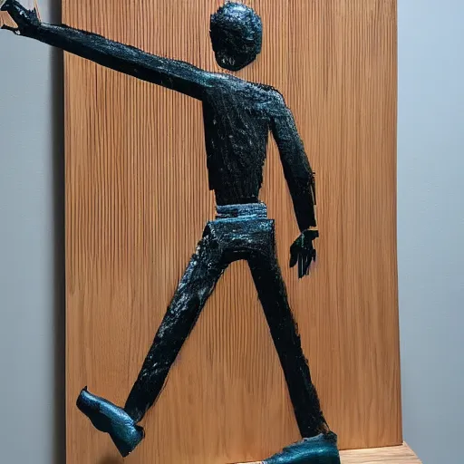 Prompt: a contemporary art sculpture of several tall man running with long arm and a big head, in the style of cesar baldaccini facel vega 1 9 6 2, full size, busy, made of intricate metal and wood, thick paint, intricate, dirty, indoor, studio lighting, hyper realistic, detailed, 8 k