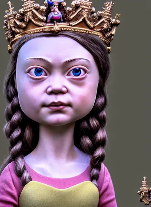 Image similar to highly detailed closeup, face profile portrait of greta thunberg as a tin toy fairytale princess wearing a crown eating cakes, bikini, unreal engine, nicoletta ceccoli, mark ryden, earl norem, lostfish, global illumination, detailed and intricate environment