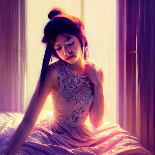 Prompt: beautiful young girl in intricate clothing by ross tran, sleeping in a messy bedroom at night, painted by sana takeda, reflections, very high intricate details, painting by liu xiaodong, digital anime art, medium shot, mid - shot, composition by ilya kuvshinov, backlit, lighting by greg rutkowski