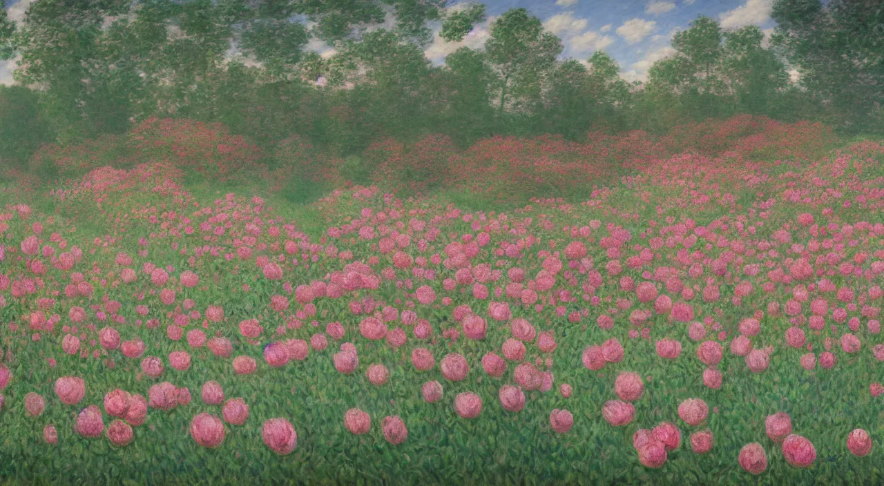 Prompt: Rendering of a scene meadow full of peony，by Rene Magritte and Claude Monet, matte painting, trending on cgsociety and unreal engine，light effect，highly detailed，super wide angle,