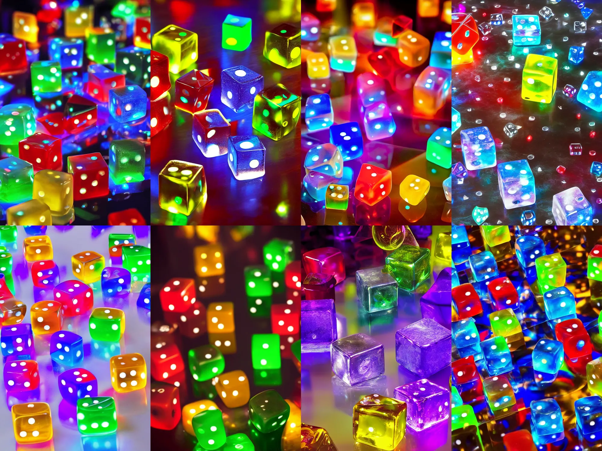 Prompt: dices from color glass bounces, cubes and coctail in glass on table, night lights, 8 k realistic, hyperdetailed, beautiful lighting, detailed background, dof, macro