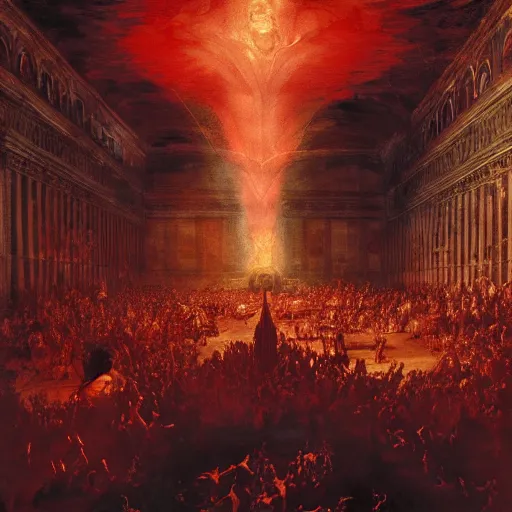 Image similar to the sistine chapel's ceiling is broken is half as a red magical portal from hell opens up, lucifer morningstar emerges along with a few demons, the priests and the pope look at the scene with terror in their eyes. highly detailed painting by gaston bussiere, greg rutkowski, craig mullins 8 k