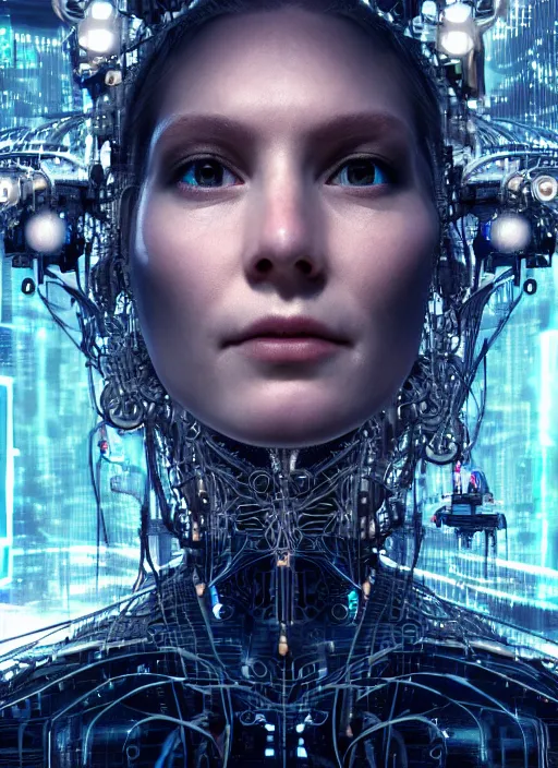 Image similar to 35mm portrait of an intricate and sophisticated borg with face implant above her eye, on the background of a weird magical mechanical forest. Round gears visible inside her hear. Very detailed 8k. Fantasy cyberpunk horror. Sharp. Cinematic post-processing