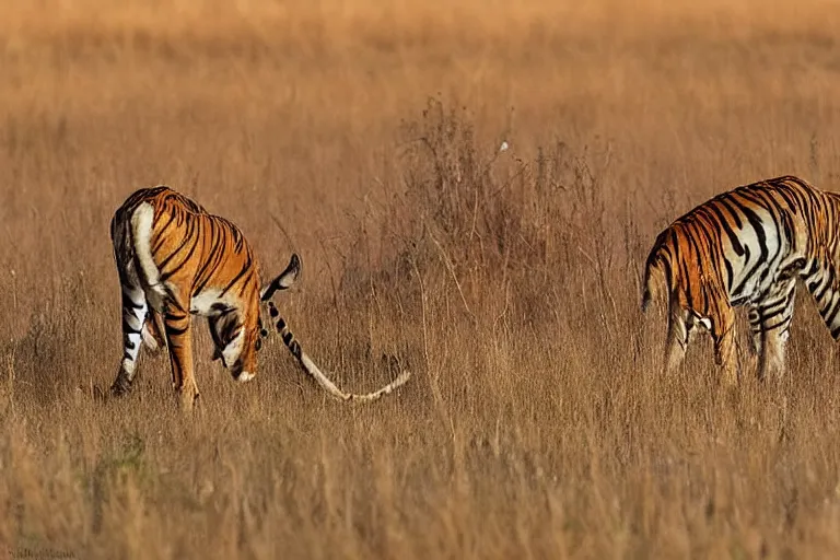Image similar to antelope eating a tiger, golden hour, 6 0 0 mm, wildlife photo, national geographics