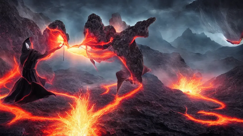 Prompt: two mysterious hooded wizards fighting and falling towards the center of the Earth, rocks falling, lava in the background, digital art highly-detailed epic fantasy