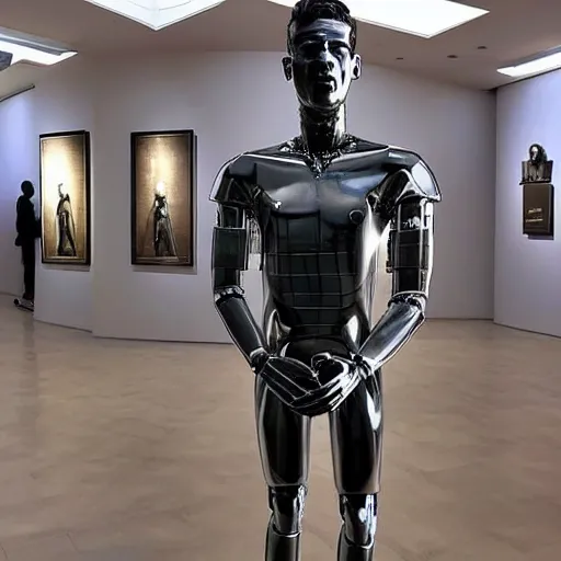 Image similar to “ a realistic detailed photo of a guy who is an attractive humanoid who is half robot and half humanoid, who is a male android, football player christian mccaffrey, shiny skin, posing like a statue, blank stare, at the museum, on display ”