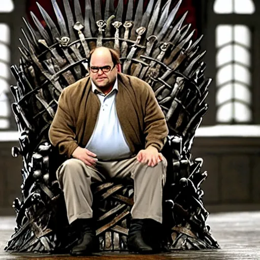 Prompt: George Costanza sitting on the iron throne from Game of Thrones