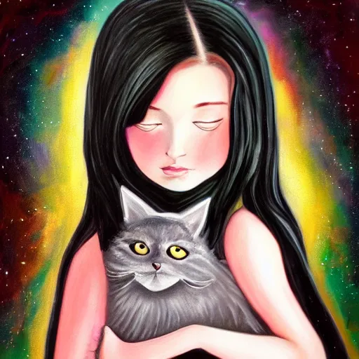 Prompt: a painting of a girl with long dark hair holding a cat in her arms, pexels contest winner, rasquache, high quality photo, rtx, hd, shiny eyes, a renaissance painting by sailor moon, anime, anime aesthetic