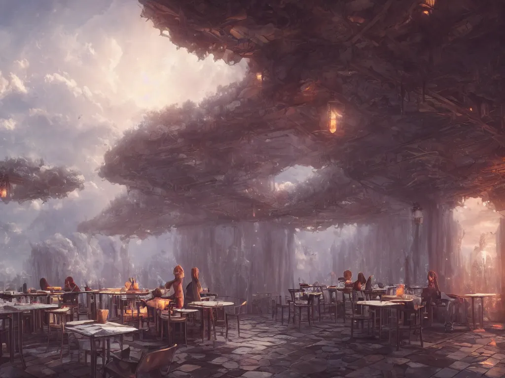 Image similar to cafe made of clouds, fantasy, artwork, aesthetic, calming, hd, hdr, ue5, ue6, unreal engine 5, cinematic, 4k wallpaper, 8k ultra, by Greg Rutkowski and Jesper Ejsing and Raymond Swanland and alena aenami, featured on artstation, wide angle