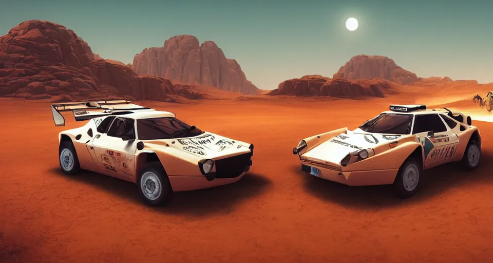 Image similar to Lancia Stratos Rally car racing in a desert, landscape, center composition, cinematic, rendered by simon stålenhag, rendered by Beeple, Makoto Shinkai, syd meade, environment concept, digital art, unreal engine, 3 point perspective, WLOP, trending on artstation, low level, 4K UHD image, octane render,