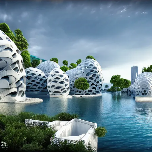 Prompt: highly detailed 3 d render a beautiful lot of white egg shaped buildings are fused together in the calm water, magnesium, archviz, vincent callebaut composition, mamou - mani, beautiful lighting, hyper detailed, 8 k, unreal engine, hdr, dof