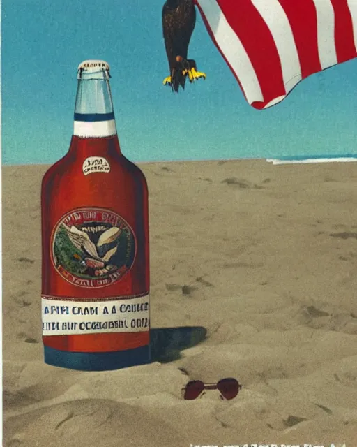 Image similar to postcard showing 'a cool bald eagle perched on a beach chair with shades and a beer bottle' laying in the sand, advertisement, american flag