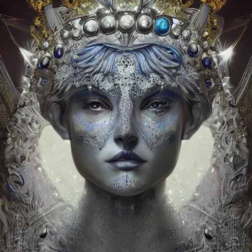 Prompt: Artemixel, the modern reincarnation of the old selenium god of hunt, also known as Artemis the Selene, carrying the celebrated Crown of the Crescent Moon, wich its usual bright and slightly bluish crescent like the brightness of the night. Portrait by Aleksander Rostov, intricate and highly detailed concept art, close-up