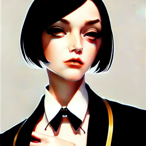 Image similar to slim cruel business girl in tuxedo with black bob hair, elegant, 2d, ultra highly detailed, digital painting, smooth, sharp focus, artstation, art by Ilya Kuvshinov