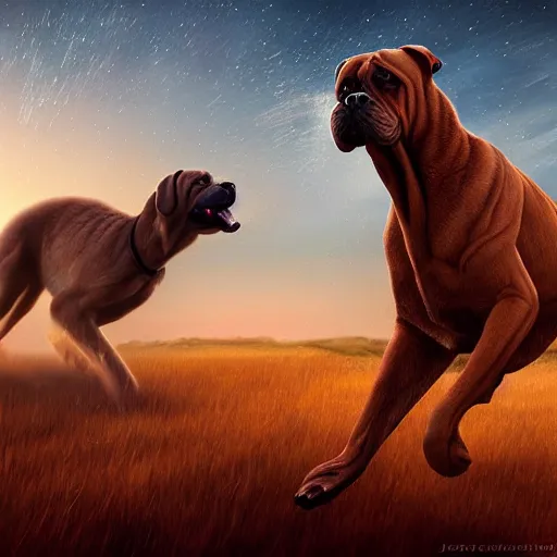 Prompt: - w 7 6 8 a boerboel mastiff running after a kangaroo, detailed, intricate, by jessica rossier