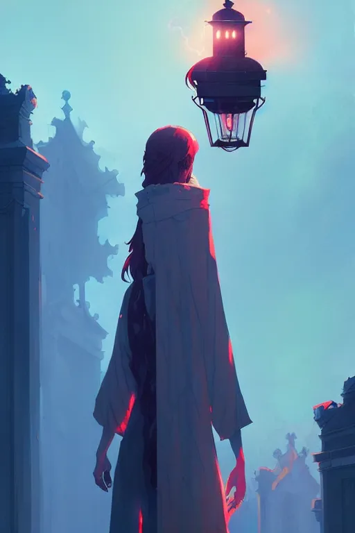 Image similar to a ultradetailed beautiful panting of a lost ghost, roaming a graveyard with lantern, by conrad roset, greg rutkowski and makoto shinkai trending on artstation