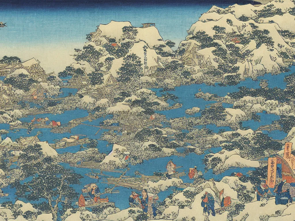 Image similar to traditional painting of an ancient fishing village by hokusai