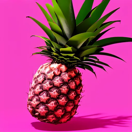 Image similar to 3 d render of a hovering pink pineapple against a pink backdrop with slight sadow underneath ophotorealistic, 4 k, cgsociety, blender, unreal engine 5, sharp details, 3 0 0 dpi