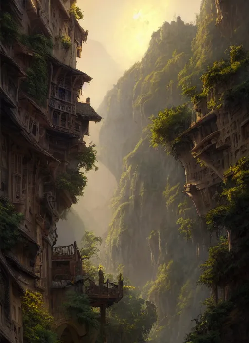 Prompt: medieval city built on terraces in a gigantic canyon, lots of buildings connected by suspension bridges, waterfalls, warm glow coming the ground, lush vegetation, pitchblack sky, extremly detailed digital painting, in the style andreas rocha and greg rutkowski and peter mohrbacher, rim light, beautiful lighting, 8 k, stunning scene, octane, trending on artstation