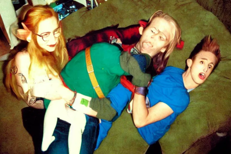 Image similar to a funny unexpected photo made with a disposable camera of Link and Zelda totally wasted in my livingroom, in color