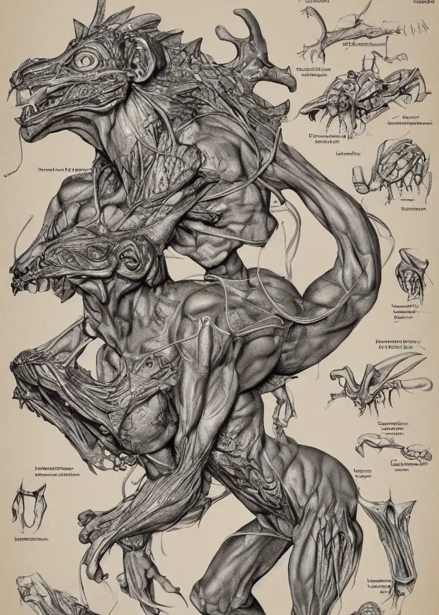 Image similar to a detailed biological anatomy of a gargoyle, medical illustration