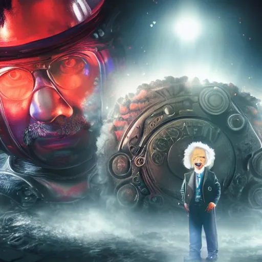 Image similar to albert einstein as willy wonka in gears of war, splash art, movie still, cinematic lighting, dramatic, octane render, long lens, shallow depth of field, bokeh, anamorphic lens flare, 8 k, hyper detailed, 3 5 mm film grain