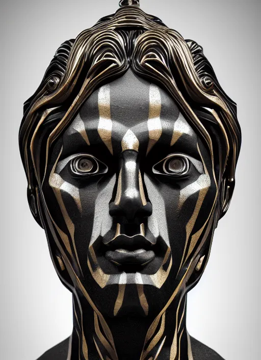 Image similar to stylized onyx black gold lines ornate statue full body made of marble of judas, perfect symmetrical body, perfect symmetrical face, hyper realistic, hyper detailed, by johannen voss, by michelangelo, octane render, blender, 8 k, displayed in bright studio room art deco