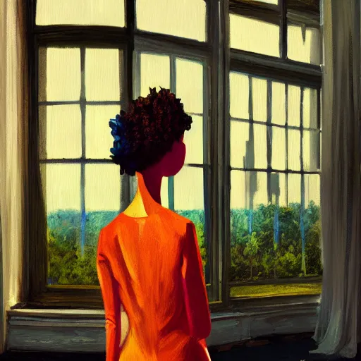 Image similar to closeup, giant flower head, woman next to modern windows, luxury apartment, surreal photography, dramatic light, impressionist painting, digital painting, artstation, james gilleard