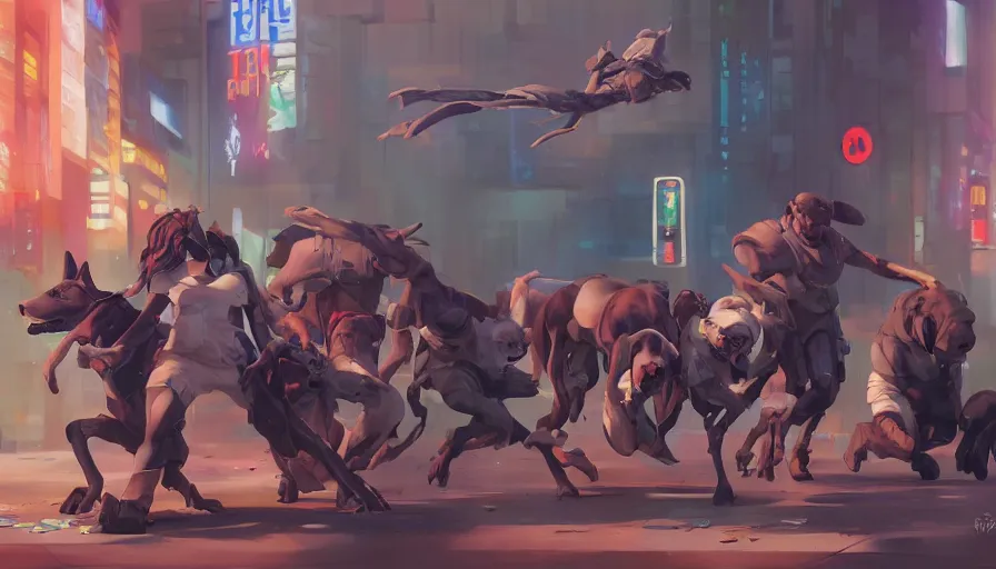 Image similar to a group of lawbreaking dogs trying to appear funny, cyberpunk art by yumihiko amano, jesper ejsing, by rhads, makoto shinkai and lois van baarle, ilya kuvshinov, cgsociety, figurative art, toonami, zbrush, official art