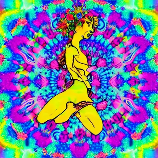 Image similar to the goddess of psychedelics dancing in a vortex made of flowers