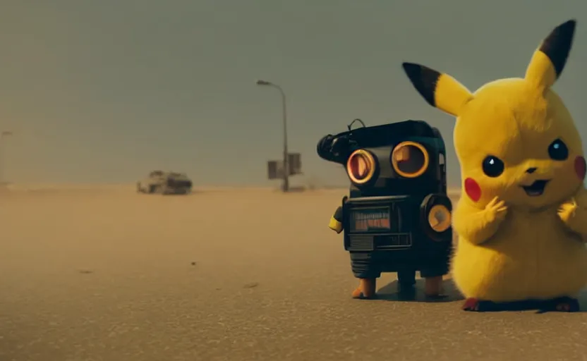 Image similar to cinestill 5 0 d candid photographic portrait by helen levitt of pikachu wearing black rugged techwear on a desolate plain, extreme closeup, modern cyberpunk moody emotional cinematic, dust storm, 8 k, hd, high resolution, 3 5 mm, f / 3 2, ultra realistic faces, detective pikachu ( 2 0 1 9 )