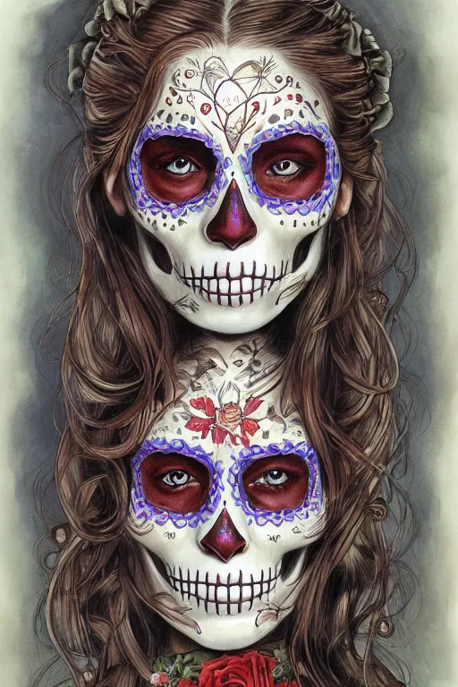 Prompt: Illustration of a sugar skull day of the dead girl, art by John Howe