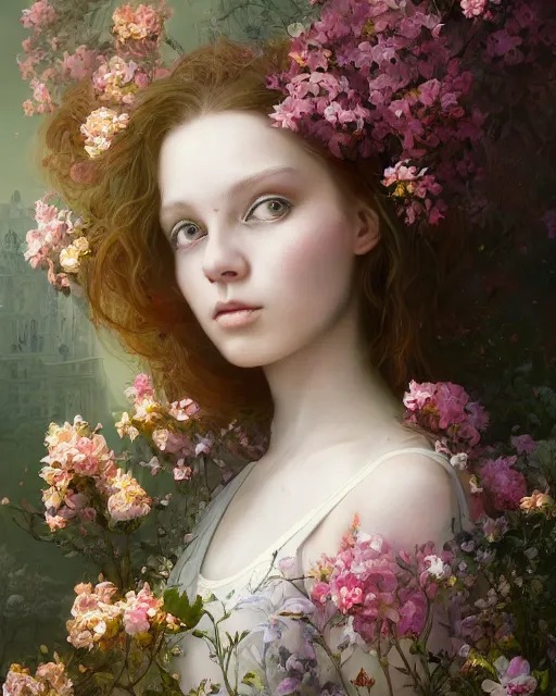 Image similar to portrait of a young swedish girl, 2 0 years old, surrounded by flowers by karol bak, james jean, tom bagshaw, rococo, sharp focus, trending on artstation, cinematic lighting, hyper realism, octane render, 8 k, hyper detailed.