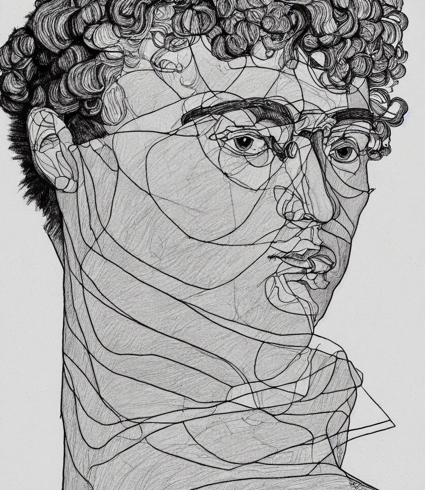 Image similar to detailed line art portrait of johannes eckehart, inspired by egon schiele. caricatural, minimalist, bold contour lines, musicality, soft twirls curls and curves, confident personality, raw emotion