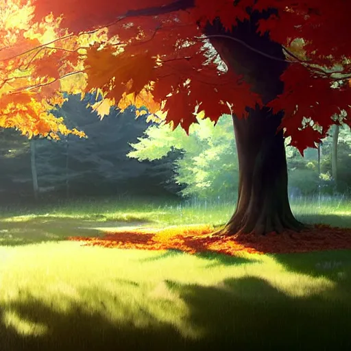 Image similar to realistic render of maple tree from bofuri by ross draws, forest background by ilya kuvshinov, digital anime art by ross tran, composition by sana takeda, lighting by greg rutkowski