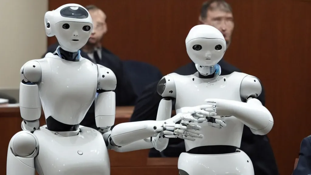 Image similar to a humanoid robot in court for a horrific crime.