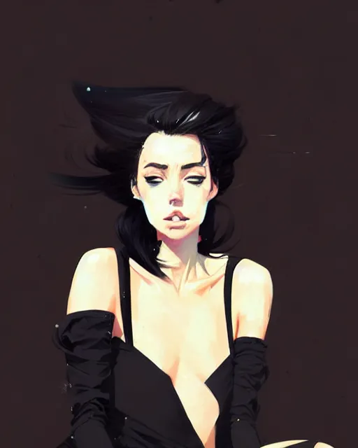 Prompt: a ultradetailed beautiful portrait panting of a stylish woman in a black dress sitting, by conrad roset, greg rutkowski and makoto shinkai trending on artstation