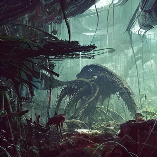 Image similar to epic alien jungle by greg rutkowski inside a giant laboratory by raymond swanland and zaha hadid